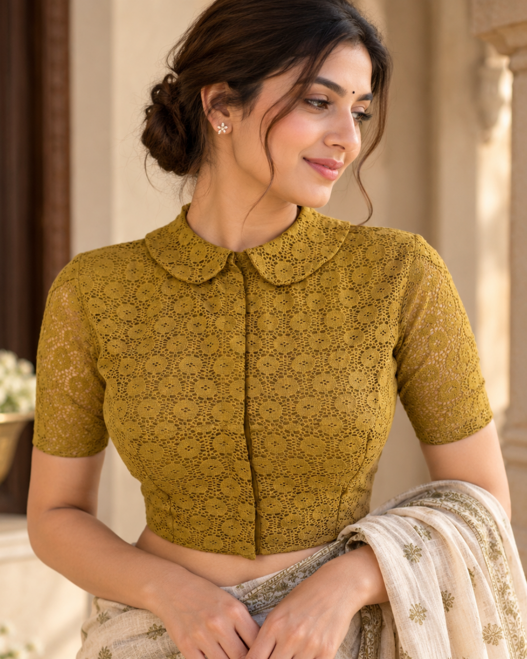 Cotton Net Peter Pan Collar Blouse  with Tulip Sleeves and Lining , Mustard - Yellow, BW1181