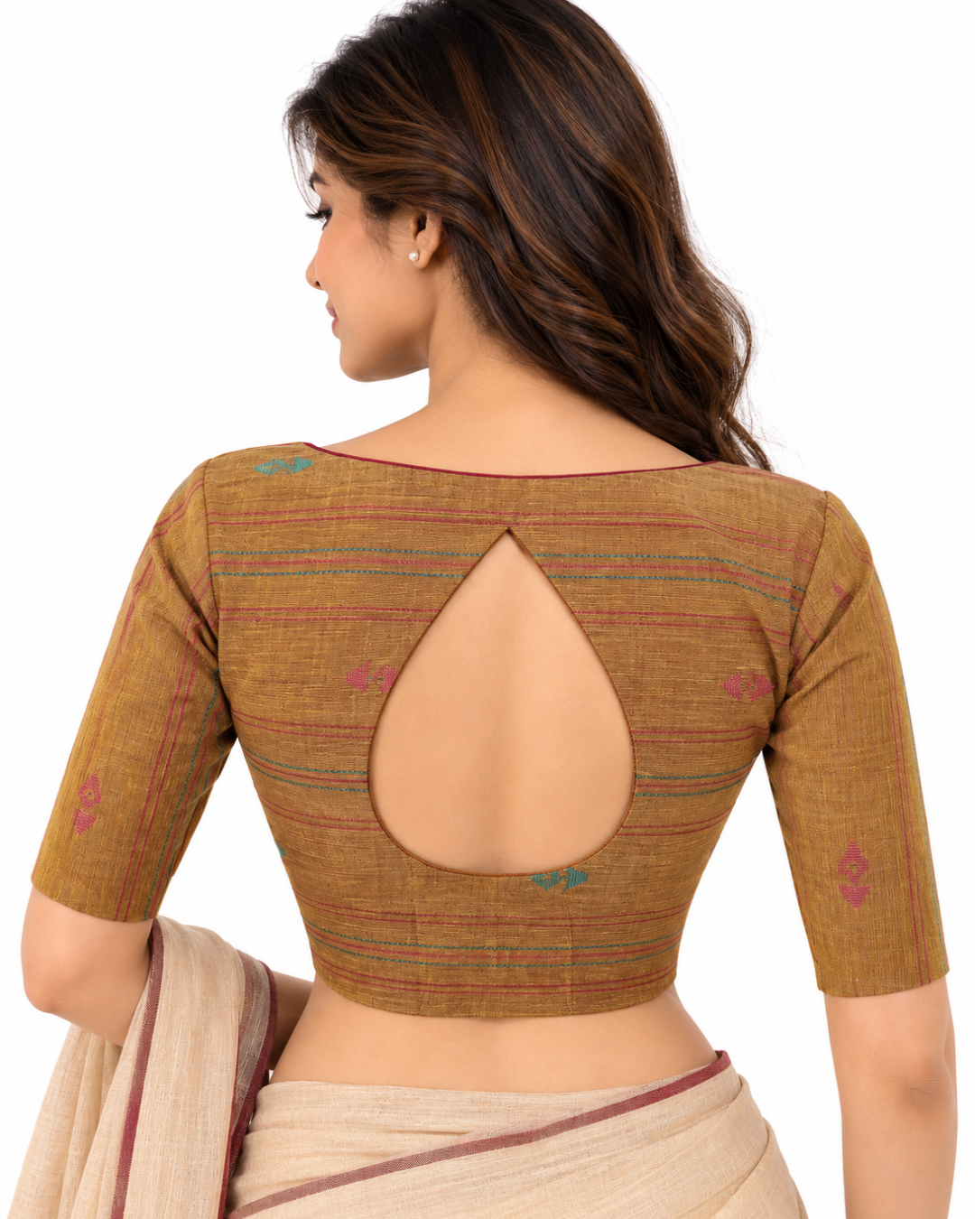 Handloom Jacquard Roundneck Blouse with Tear Drop Cut & Lining,  Mustard -  Yellow,  BH1229