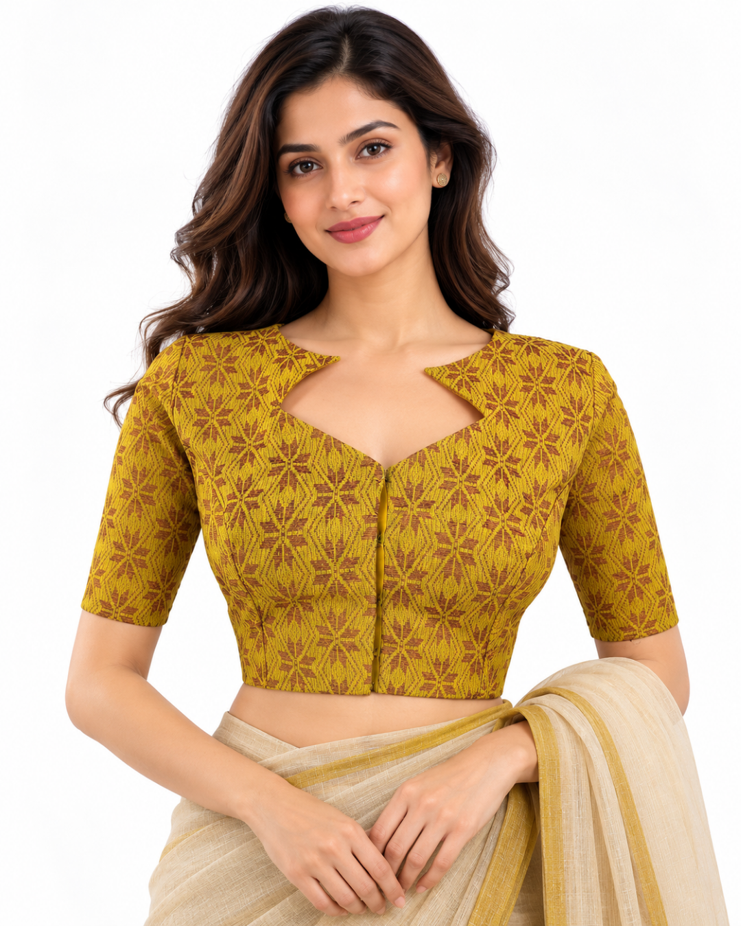 Jacquard Cotton Diamond neck Blouse with Lining,  Yellow,  BH1262
