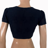 Hakoba Cotton Round Neck with Short puff Sleeves Blouse and Lining , Navy blue , BW1179