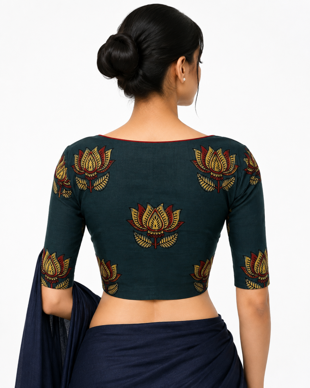 Ajrakh Cotton Sweetheart Neck Blouse  ,Bottle Green , BA1186