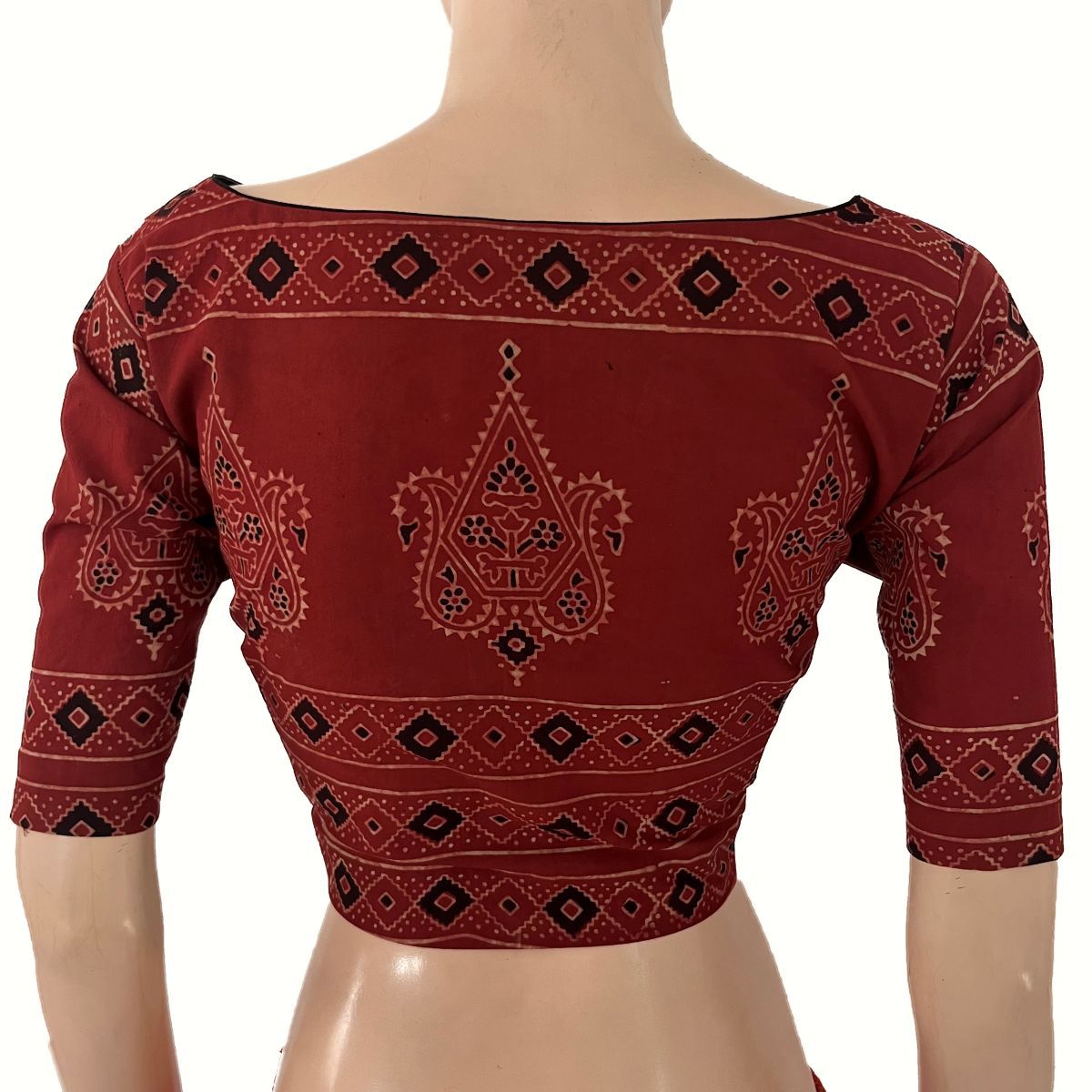 Ajrakh Cotton Boat Neck Blouse ,Maroon  , BA1188