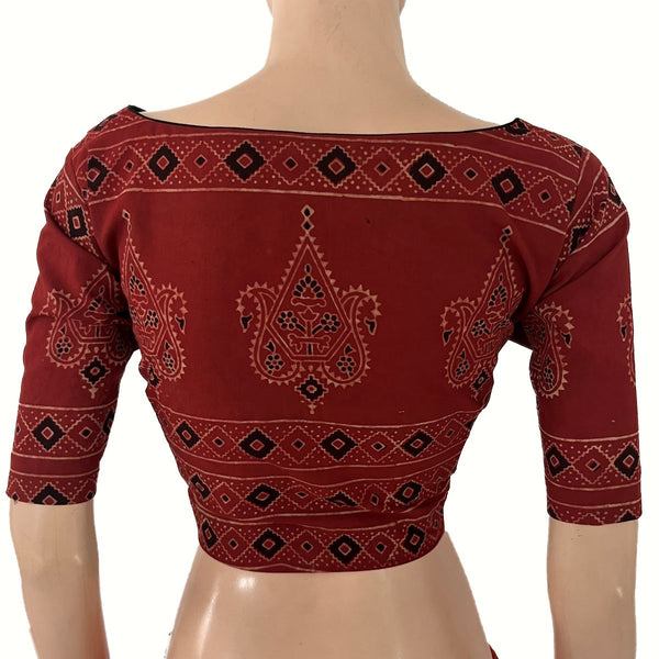 Ajrakh Cotton Boat Neck Blouse ,Maroon  , BA1188