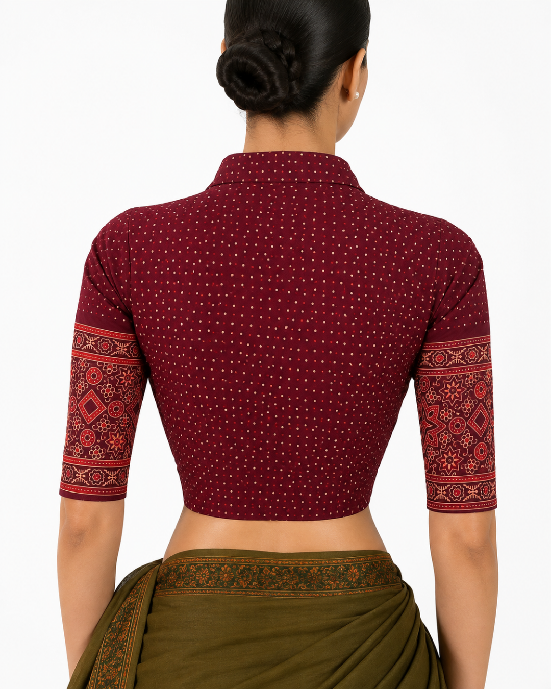 Ajrakh Cotton High Neck Blouse , Purple - Maroon ,BA1174