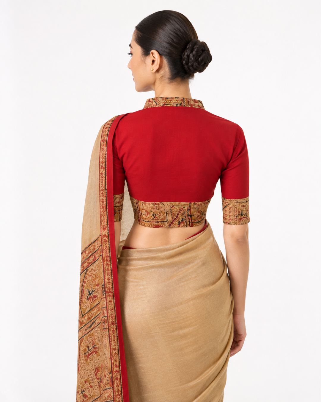 Handloom Flex Cotton V-collar neck Blouse with Kalamkari patches, Red - Maroon , BH1299