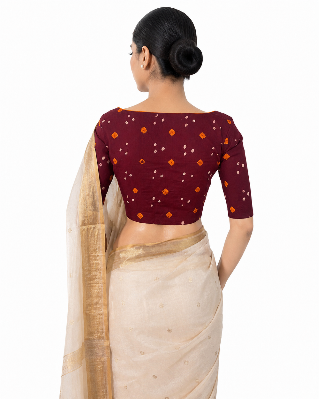 Bandhani  Cotton  Boat neck Blouse with Lining,  Brown,  BP1187