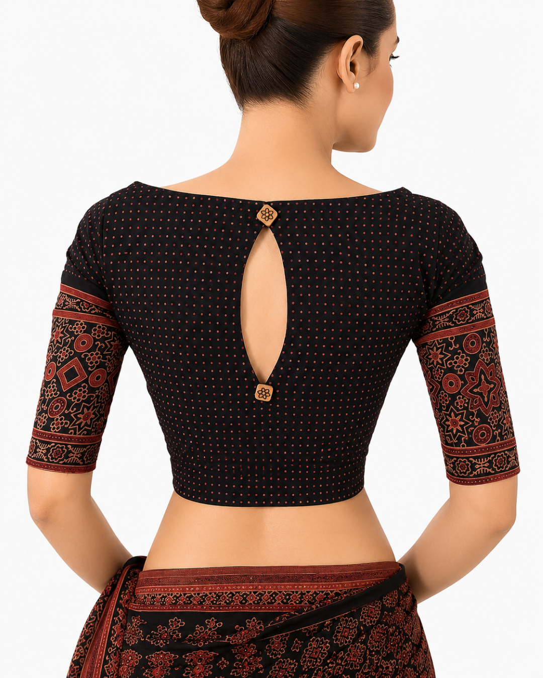 Ajrakh Cotton Boat  Neck Blouse with Back Keyhole , Black ,BA1173