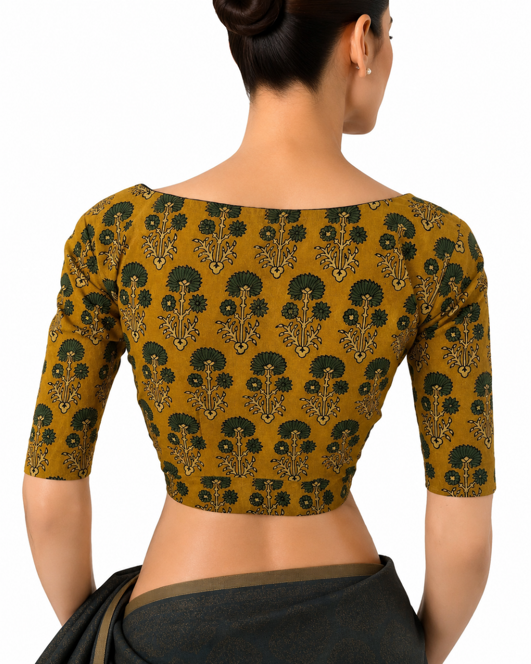Ajrakh Cotton Boat Neck Blouse, Mustard , BA1178