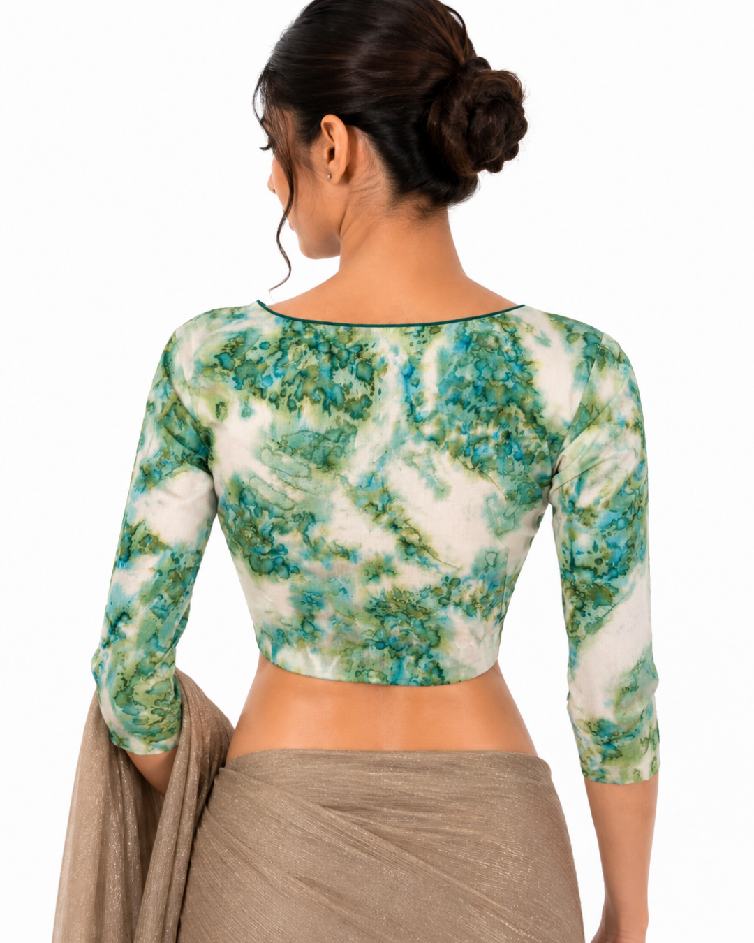 Shibori Printed Cotton Sweetheart Neck Blouse with 3/4 Sleeves and Lining , Green - Off white, BP1218