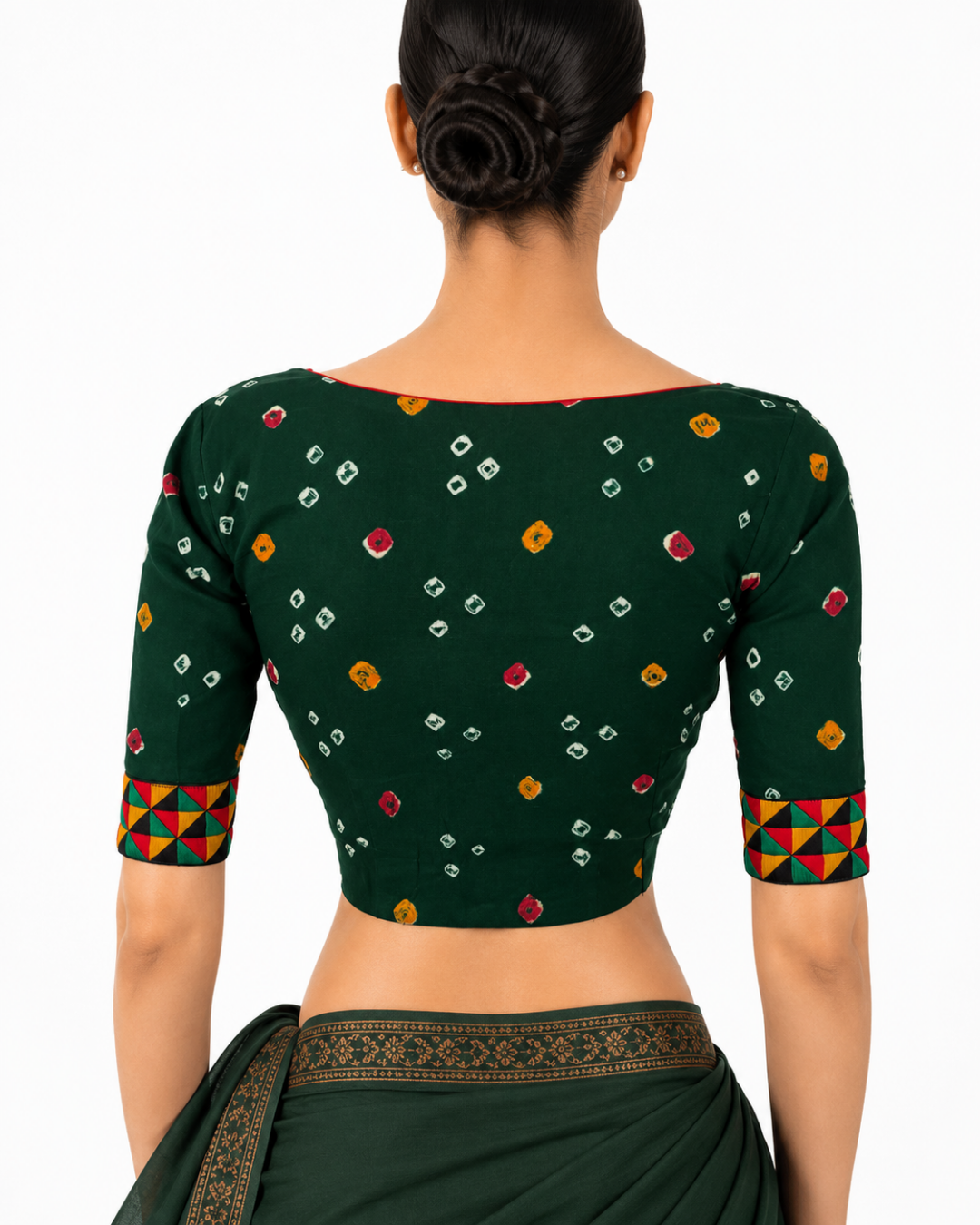Bandhani Tie-Dye  Round neck Blouse with Phoolkari lace, Bottle Green , BP1118