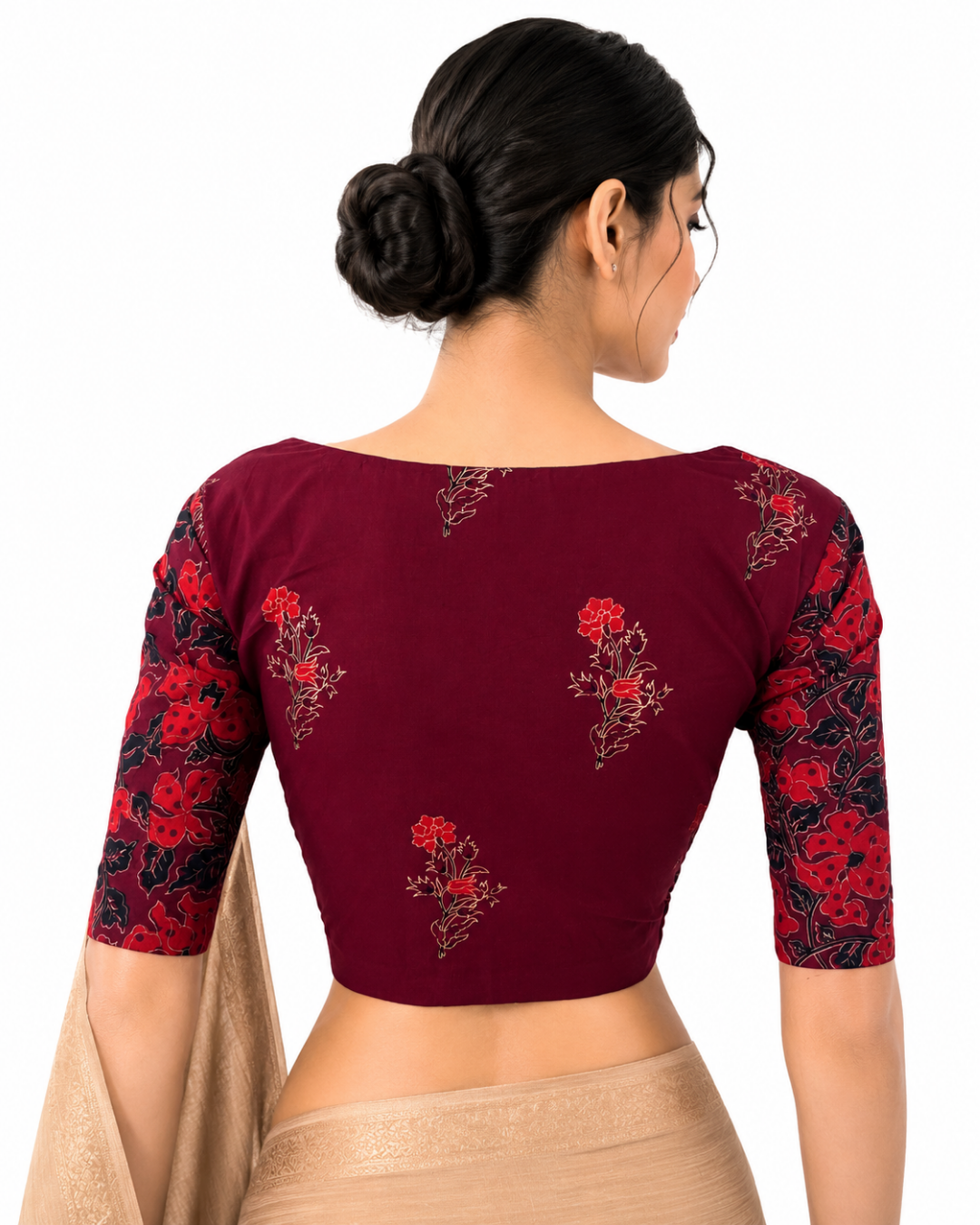 Soft Cotton Hand Block Printed Blouse with Sweetheart Neck , Maroon, BP1215