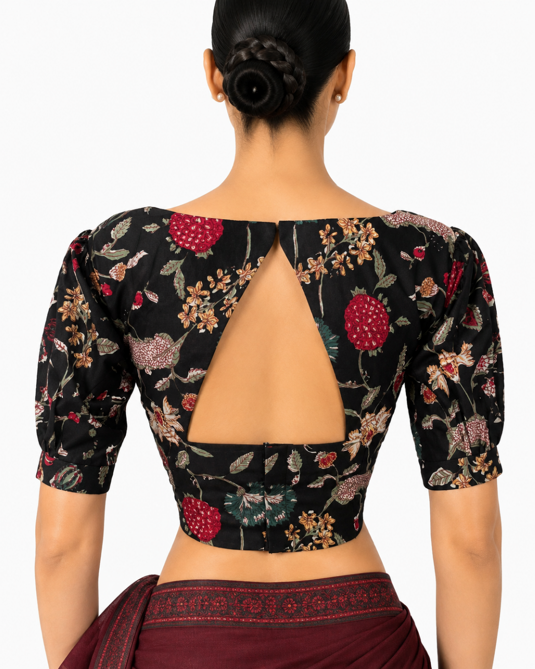 Printed Cotton Back Open Blouse with Triangle Cut in Back and Puff Sleeves  ,Black, BP1221