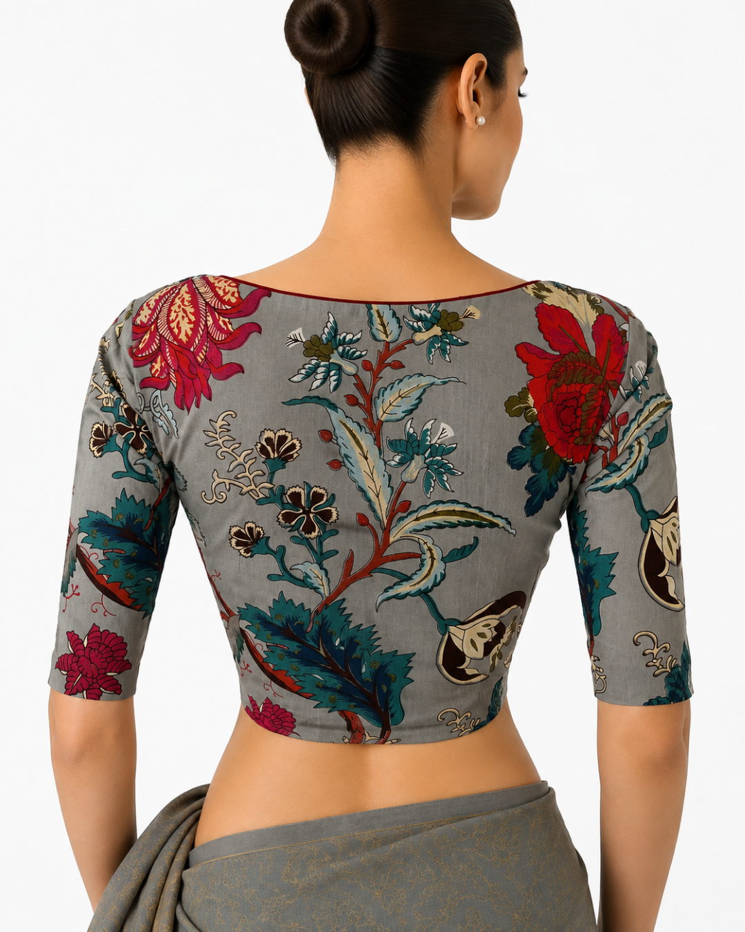 Printed Cotton Y Neck Blouse ,Grey,  BP1220