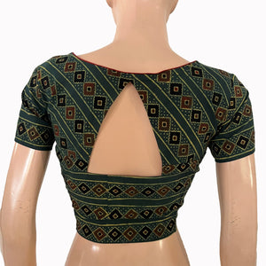 Ajrakh Cotton  Sweetheart neck Blouse, Bottle Green,  BA1102