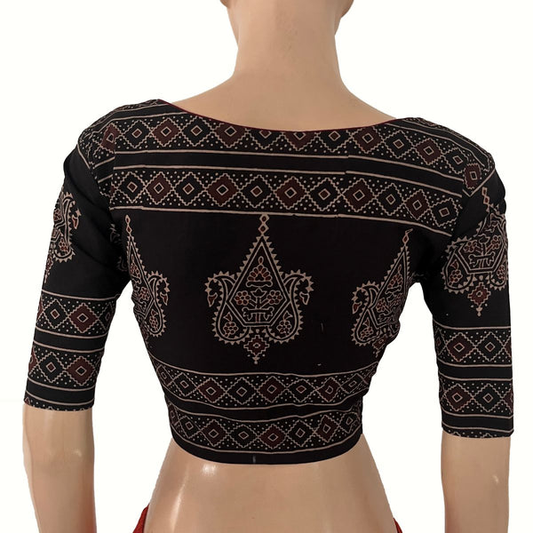 Ajrakh Cotton Sweetheart Neck Blouse ,Black , BA1189