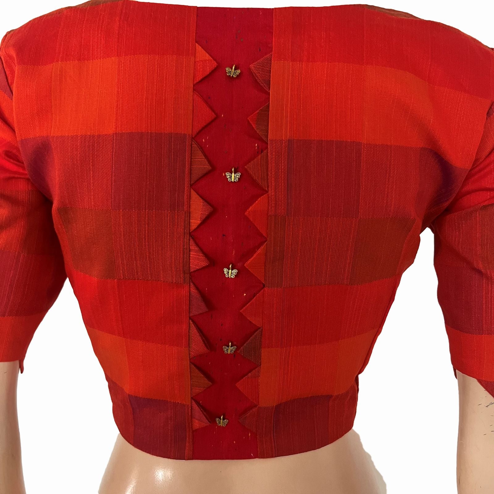 Semi Raw Silk Checkered Square Neck Blouse with Metal Embellishments & Lining, Orange - Red , BS1206