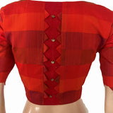 Semi Raw Silk Checkered Square Neck Blouse with Metal Embellishments & Lining, Orange - Red , BS1206