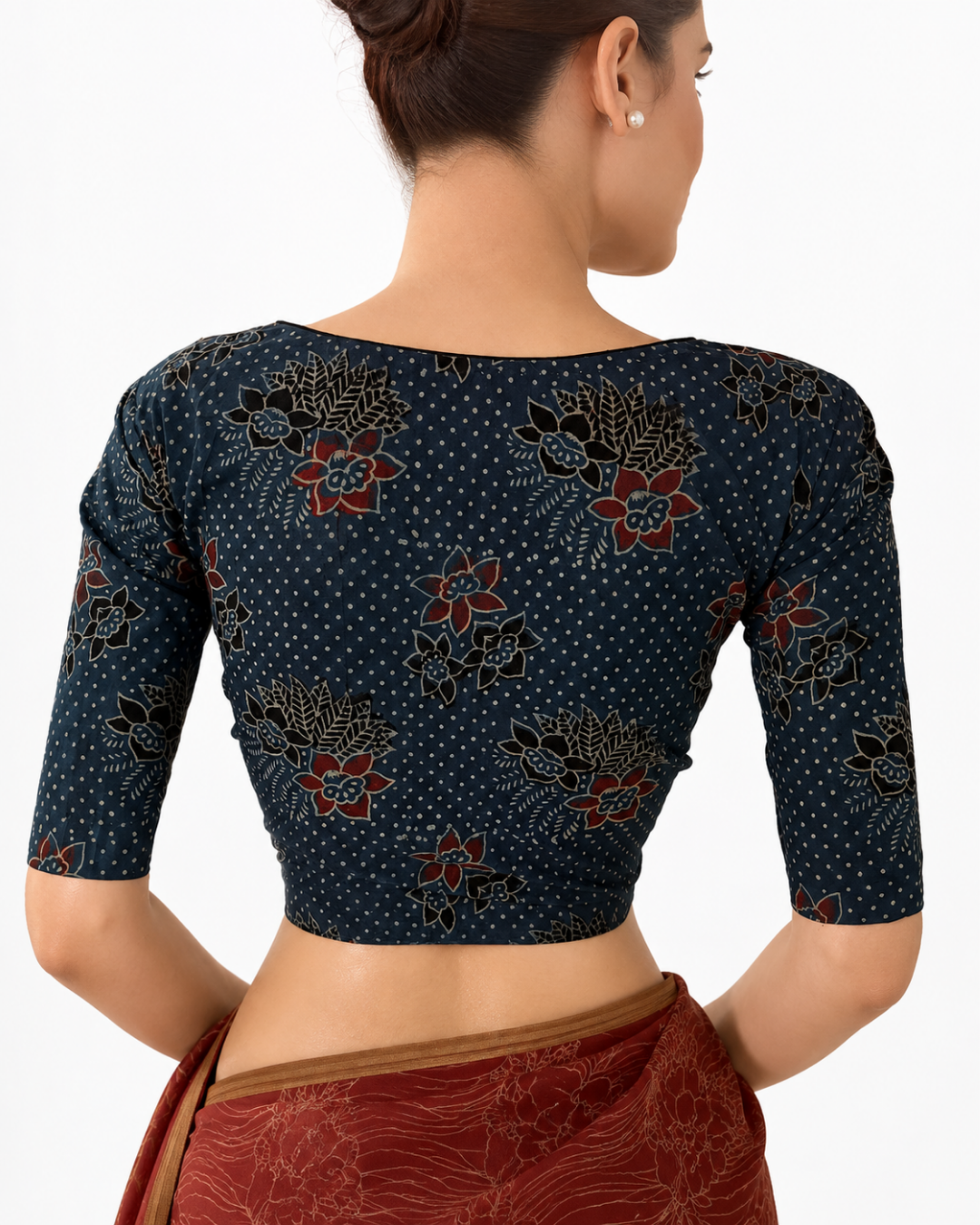 Ajrakh Cotton  V neck Blouse,   Indigo blue,  BA1139