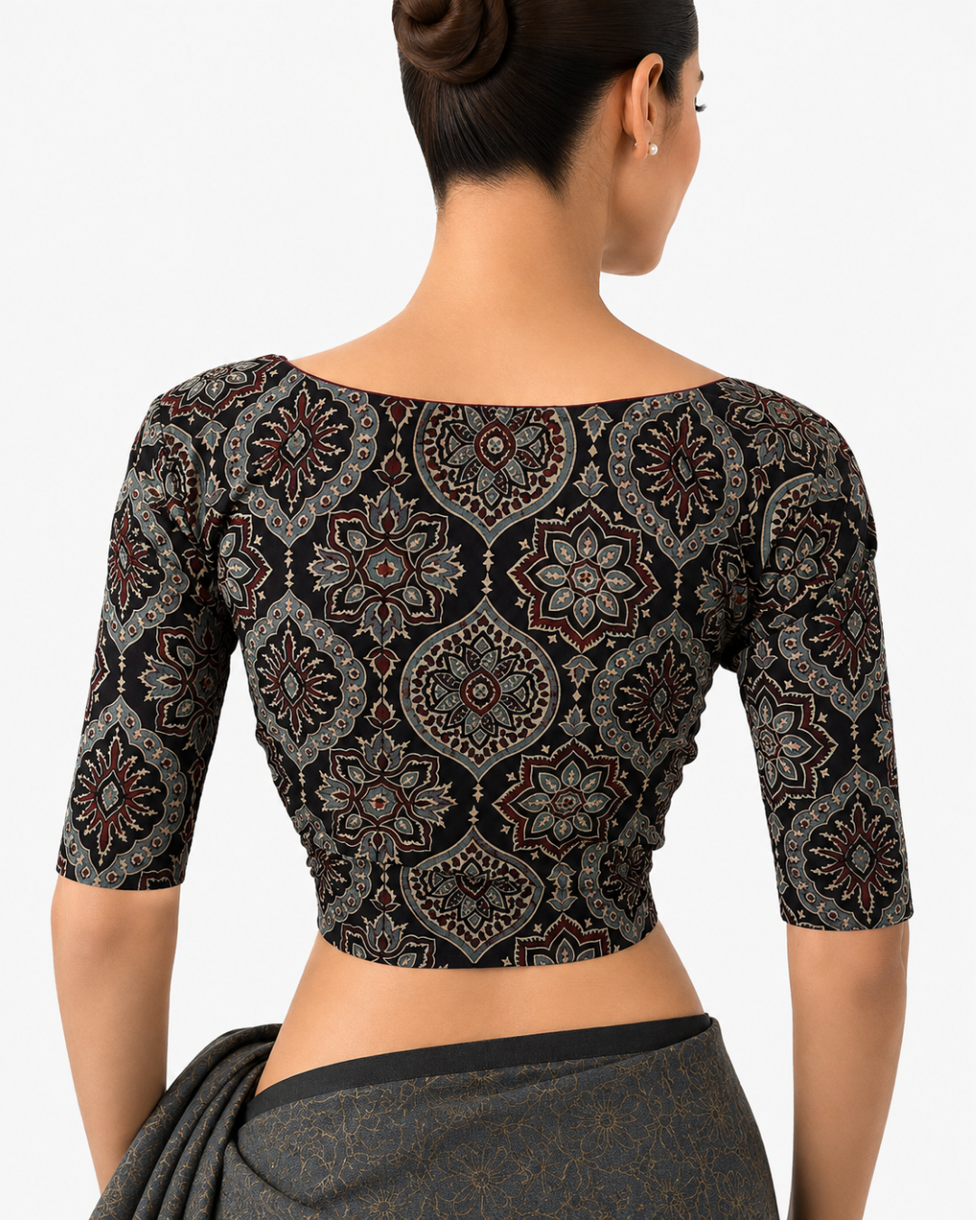 Ajrakh Cotton  Square neck Blouse,   Black,  BA1153