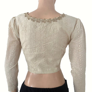 Hakoba Cotton Square Neck Blouse with Lace Details, Puff Full Sleeves & Lining , Off White, BW1185