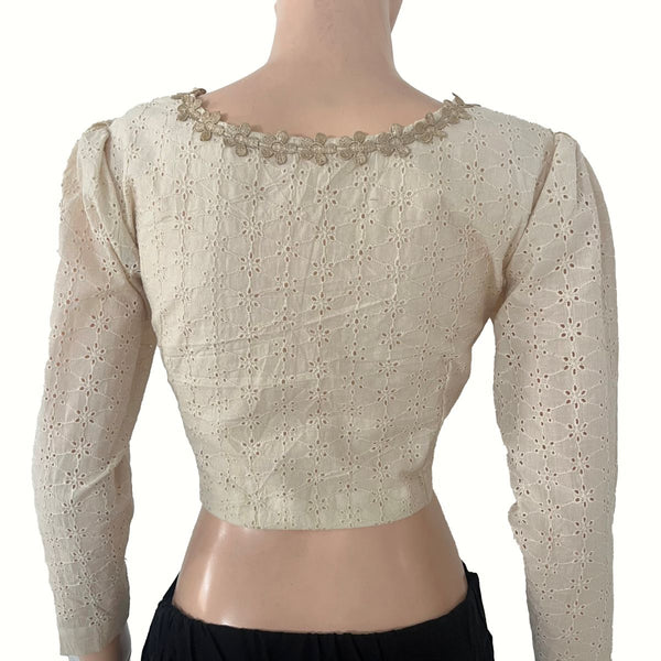 Hakoba Cotton Square Neck Blouse with Lace Details, Puff Full Sleeves & Lining , Off White, BW1185