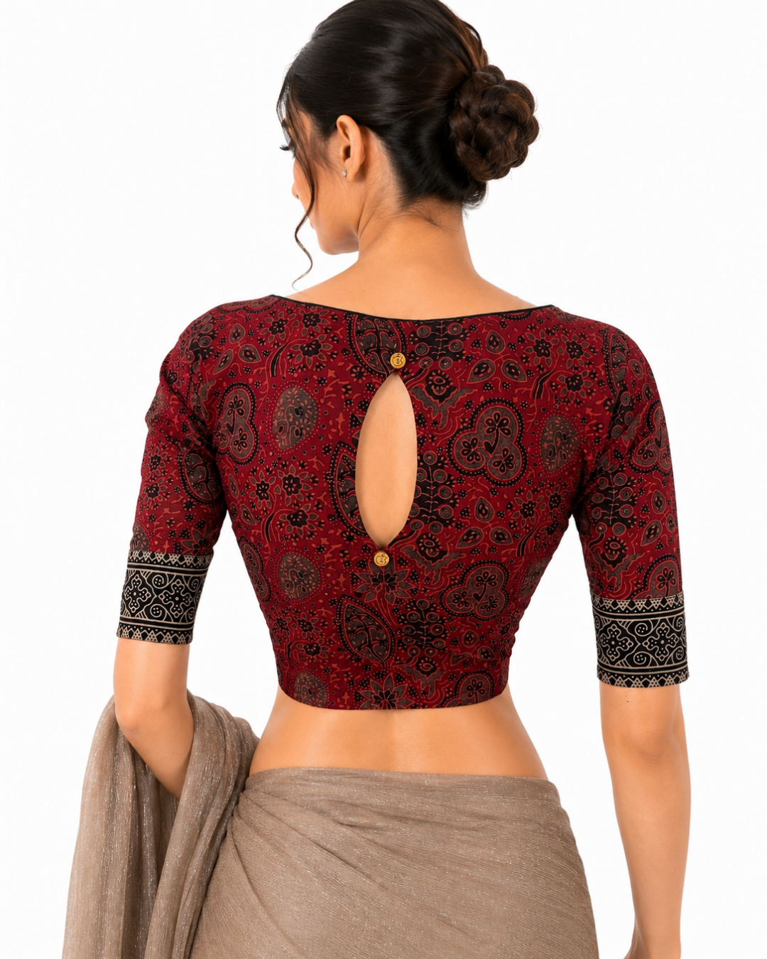 Ajrakh Cotton Boat Neck Blouse with Keyhole Back, Maroon , BA1191