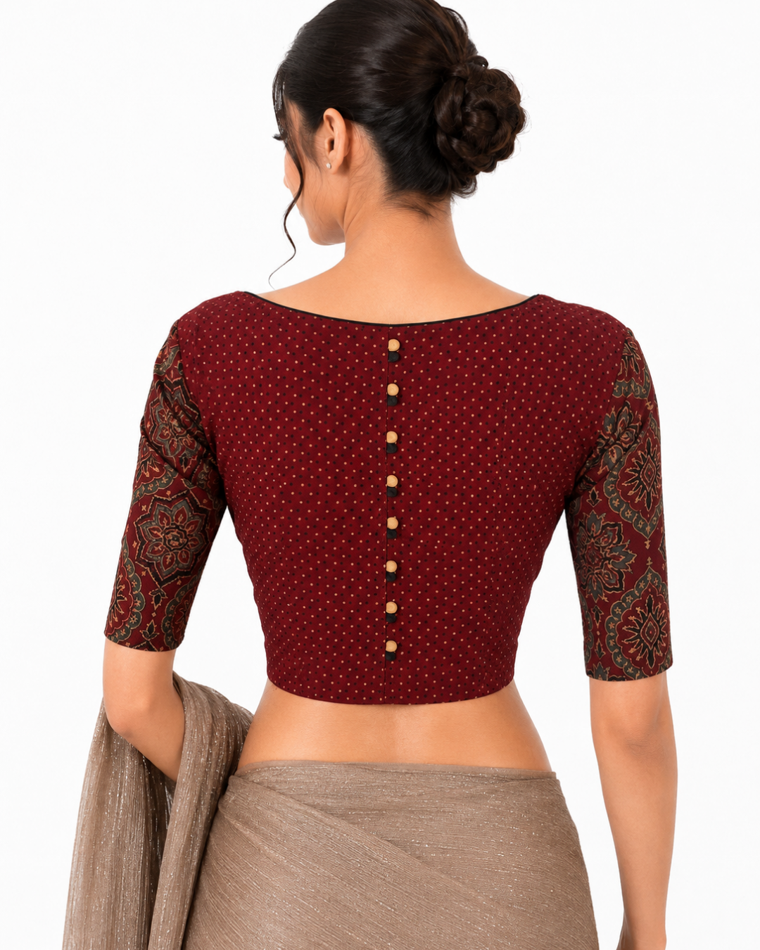 Ajrakh Cotton Square Neck Blouse with Potli Button Details , Maroon, BA1177