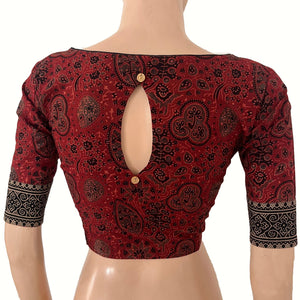 Ajrakh Cotton Boat Neck Blouse with Keyhole Back, Maroon , BA1191
