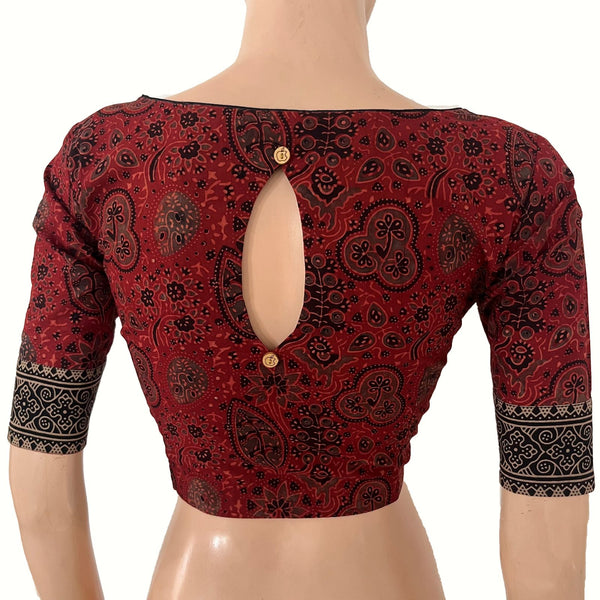 Ajrakh Cotton Boat Neck Blouse with Keyhole Back, Maroon , BA1191