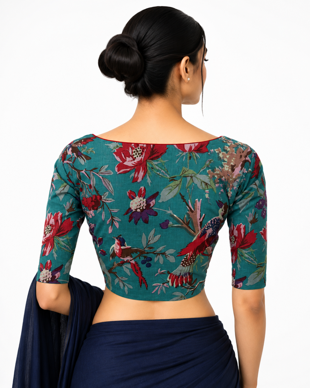 Printed Cotton V Neck Blouse ,Teal Blue, BP1219