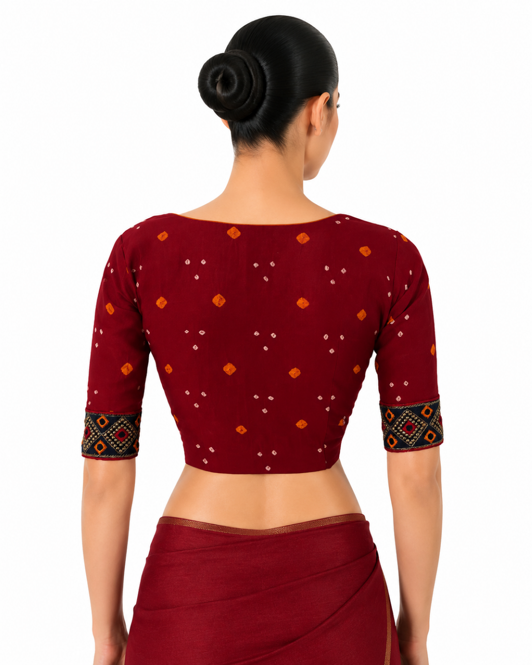 Bandhani Tie-Dye Round neck Blouse with Lining & Embroided lace border,  Red, BP1123