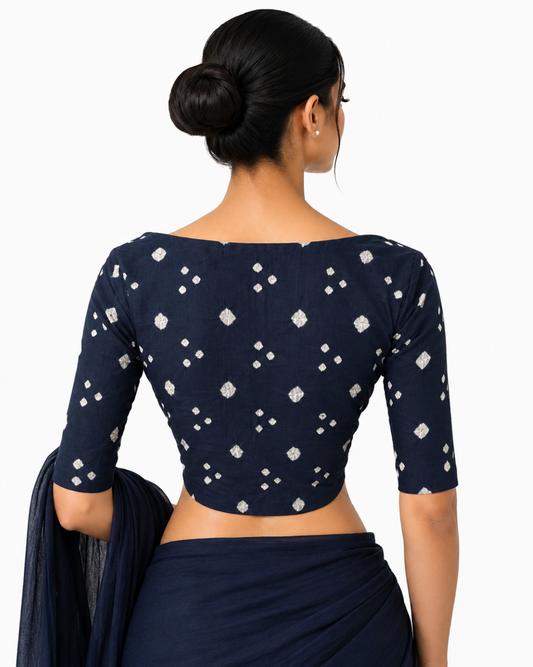 Bandhani Cotton V neck Blouse with Lining, Navy Blue, BP1201