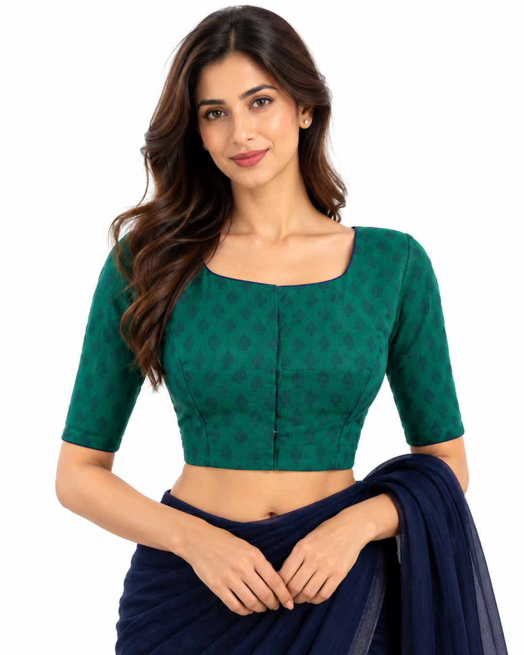 Jacquard Cotton Boat neck Blouse with Lining,  Green,  BH1260