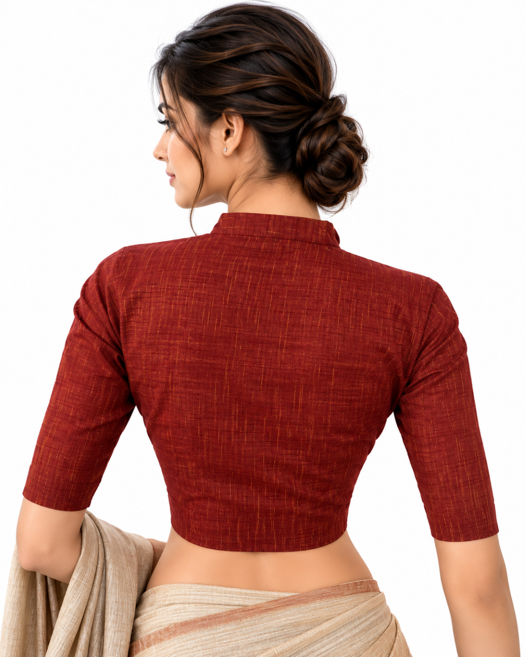 Handloom Slub Cotton High  neck Blouse , Brown , BH1304
