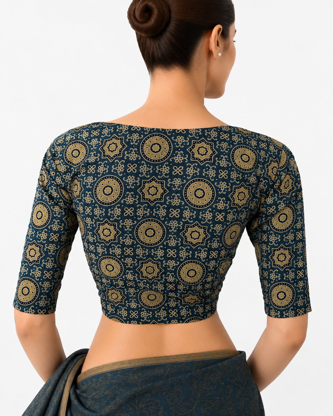 Ajrakh Cotton  Sweetheart neck Blouse,   Indigo blue,  BA1137
