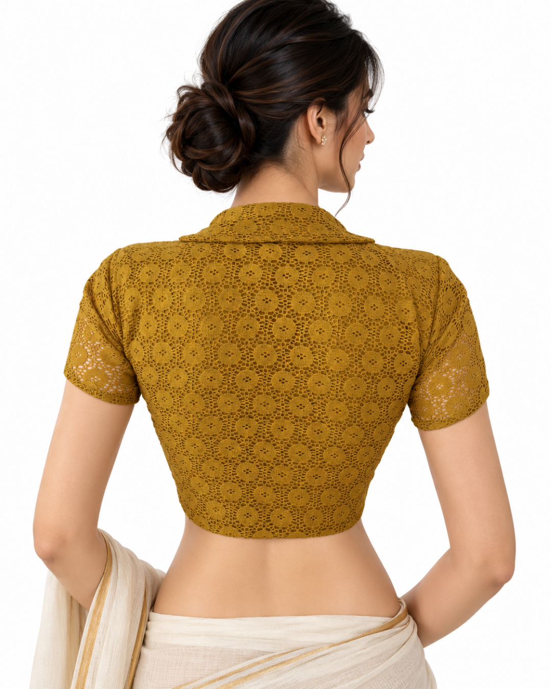 Cotton Net Peter Pan Collar Blouse  with Tulip Sleeves and Lining , Mustard - Yellow, BW1181