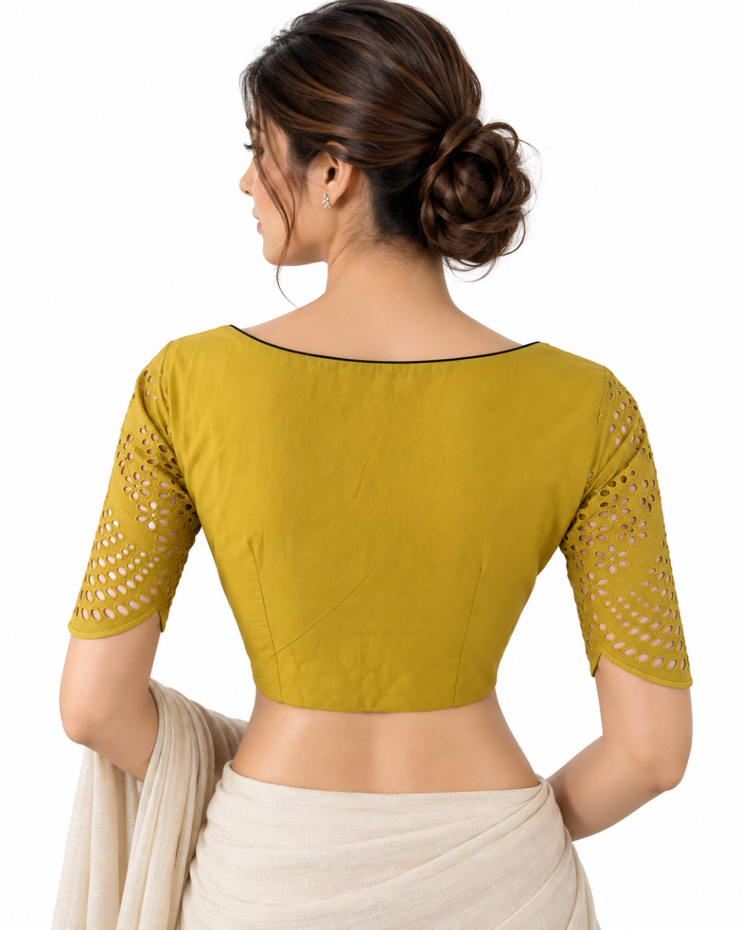 Hakoba Cutwork Cotton Square Neck Blouse with Lining , Mustard , BW1178