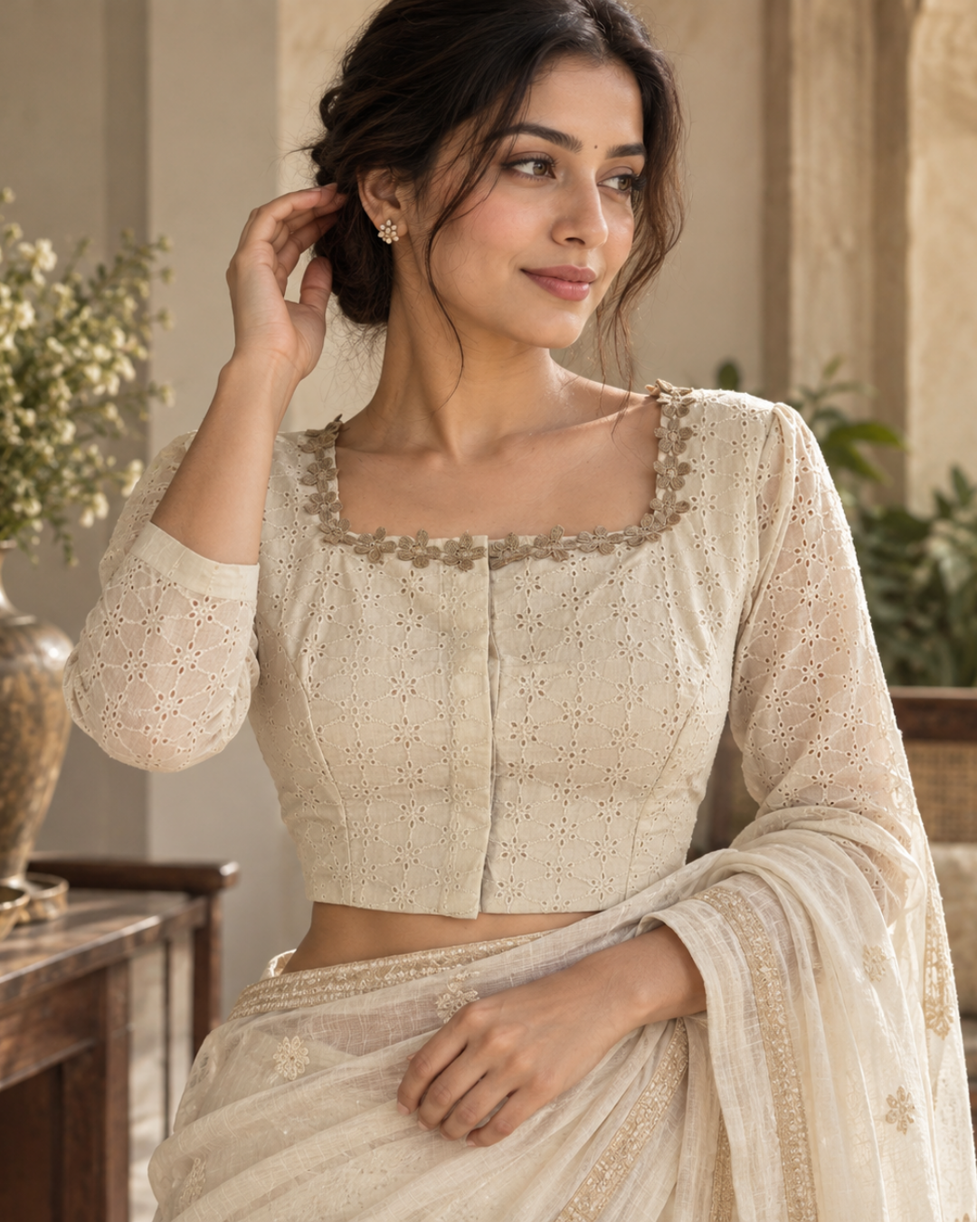 Hakoba Cotton Square Neck Blouse with Lace Details, Puff Full Sleeves & Lining , Off White, BW1185