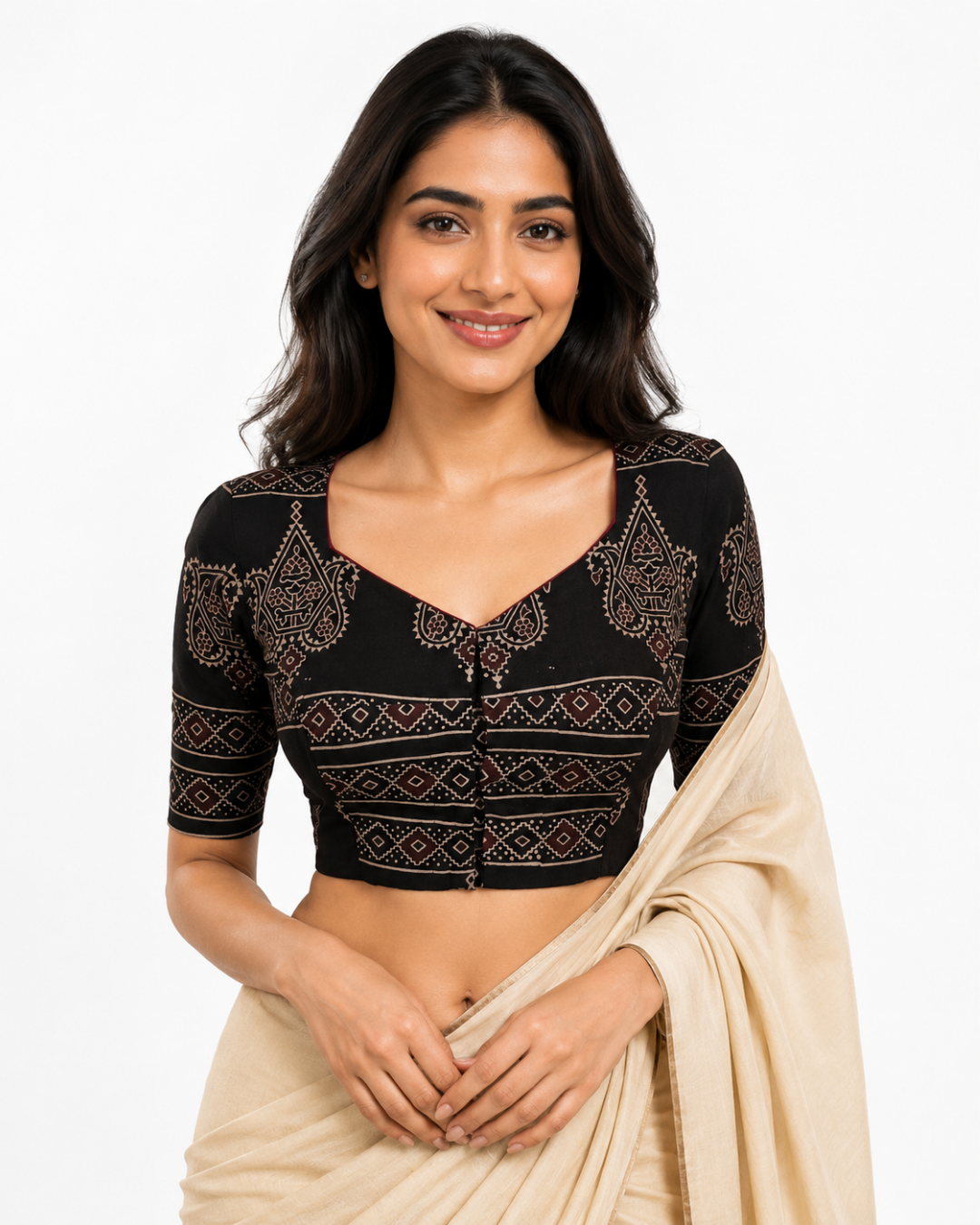 Ajrakh Cotton Sweetheart Neck Blouse ,Black , BA1189