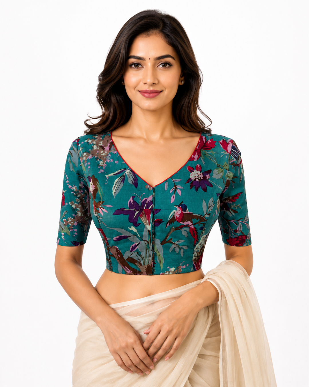 Printed Cotton V Neck Blouse ,Teal Blue, BP1219