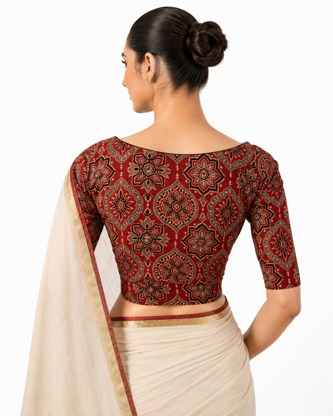 Ajrakh Cotton  Sweetheart neck Blouse, with Short Sleeves   Maroon,  BA1154