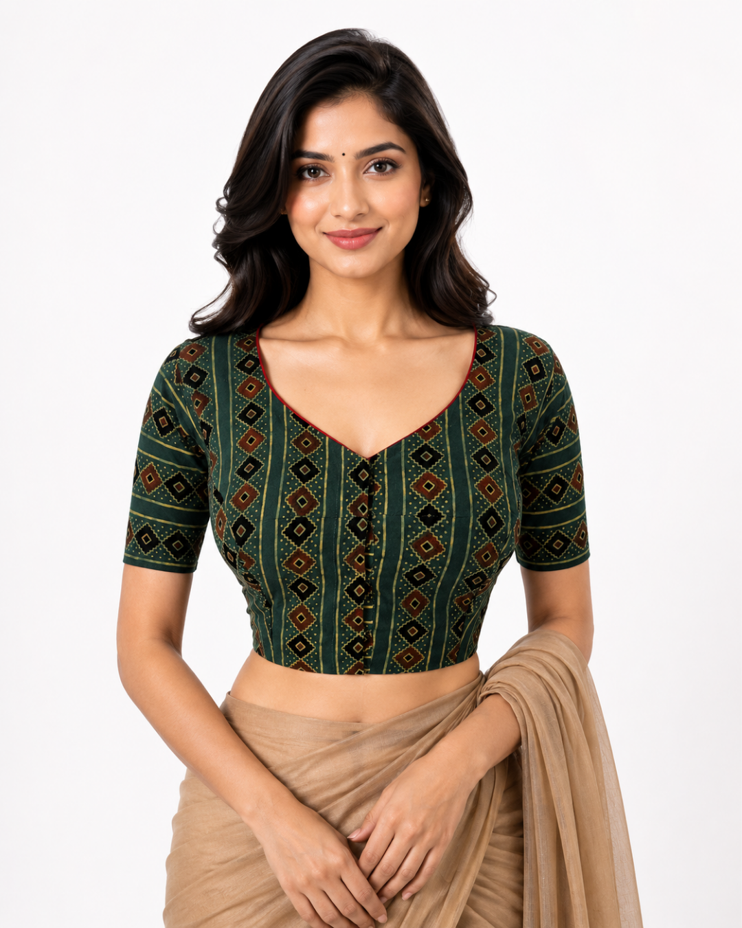 Ajrakh Cotton  Sweetheart neck Blouse, Bottle Green,  BA1102