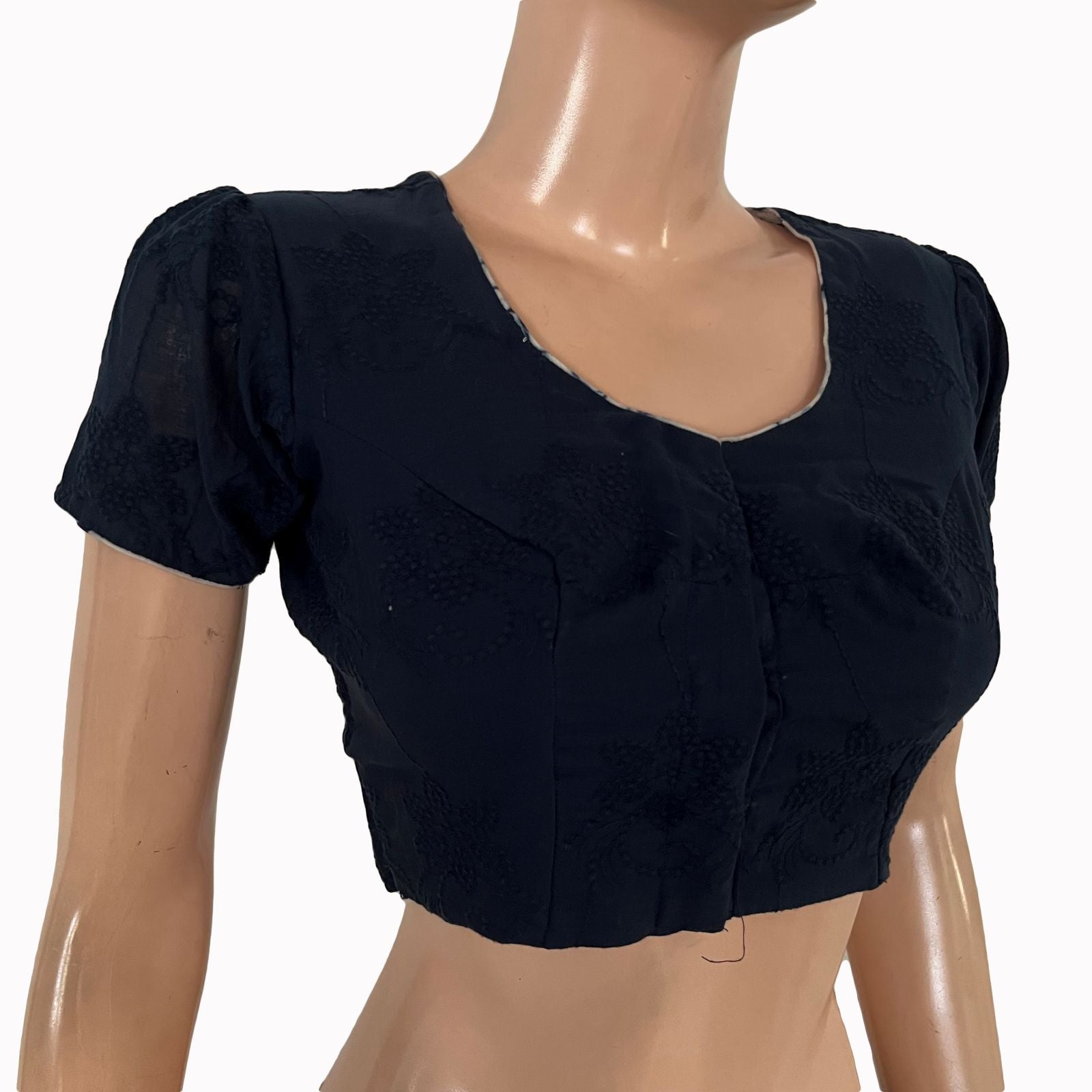 Hakoba Cotton Round Neck with Short puff Sleeves Blouse and Lining , Navy blue , BW1179