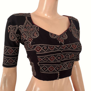 Ajrakh Cotton Sweetheart Neck Blouse ,Black , BA1189