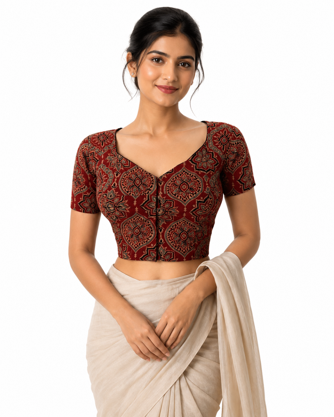 Ajrakh Cotton  Sweetheart neck Blouse, with Short Sleeves   Maroon,  BA1154