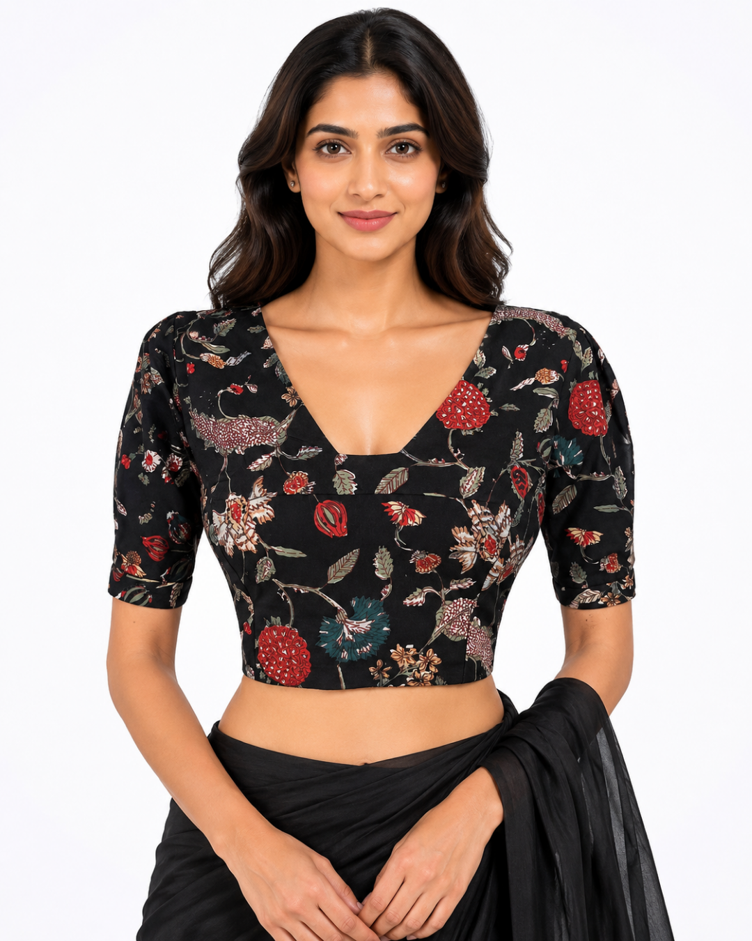 Printed Cotton Back Open Blouse with Triangle Cut in Back and Puff Sleeves  ,Black, BP1221