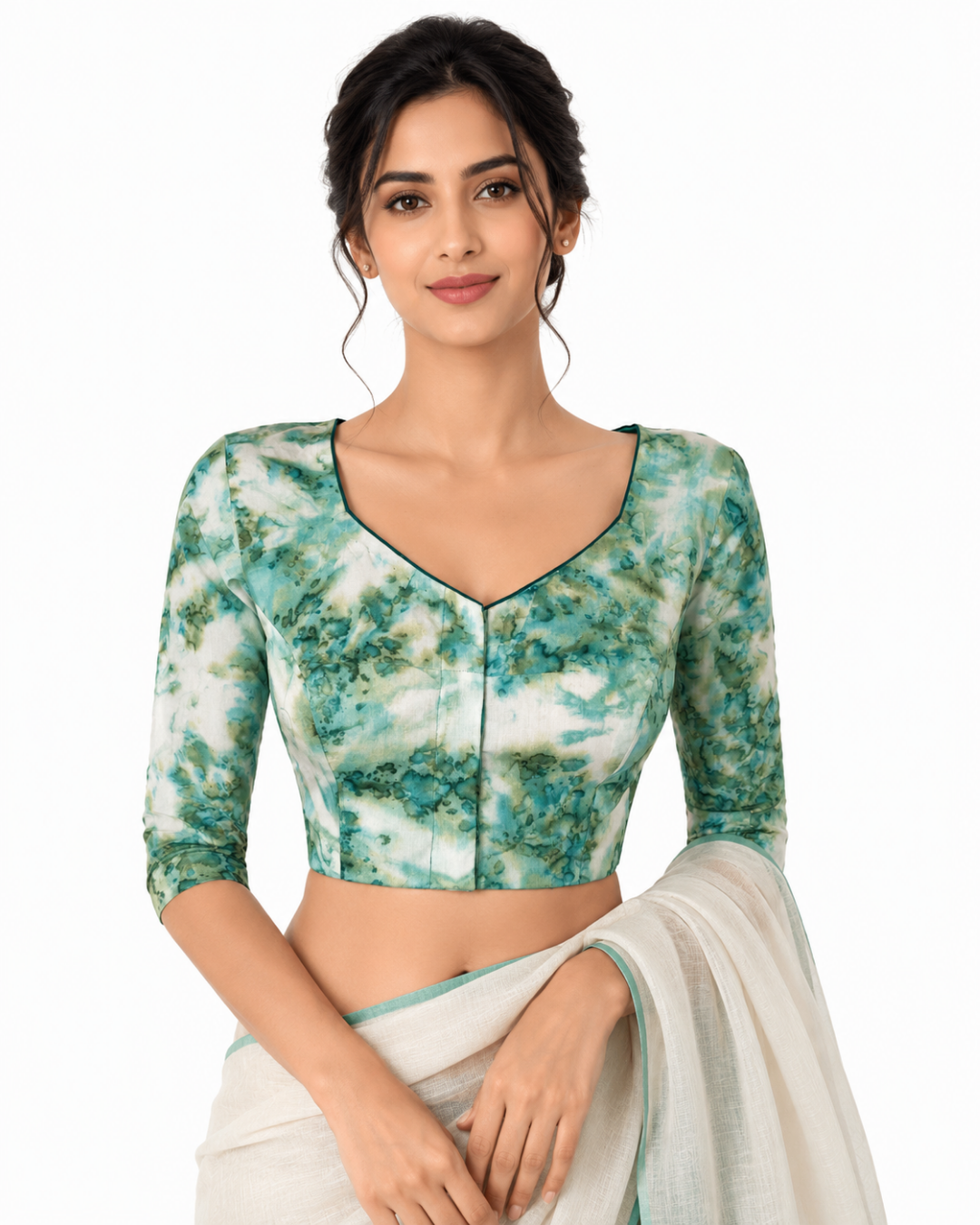 Shibori Printed Cotton Sweetheart Neck Blouse with 3/4 Sleeves, Green - Off white, BP1218