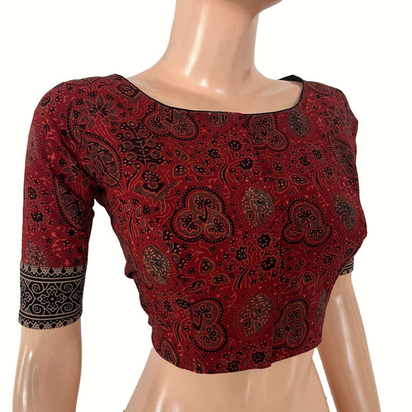 Ajrakh Cotton Boat Neck Blouse with Keyhole Back, Maroon , BA1191