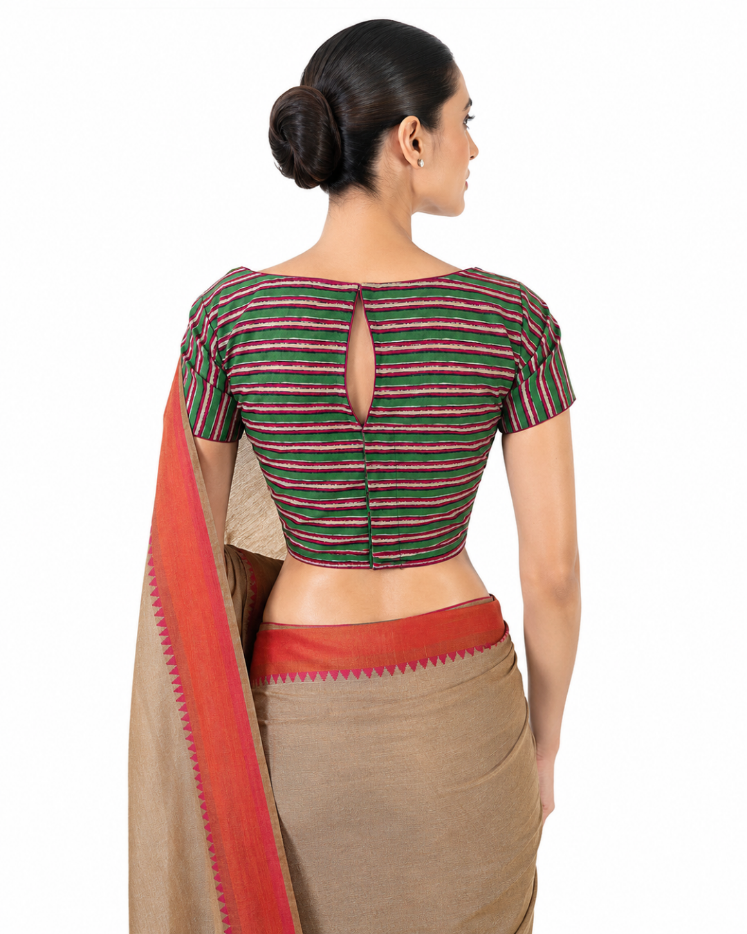Striped Boatneck  Blouse with Short Sleeves, Backopen,  Green - Pink,  BP1159
