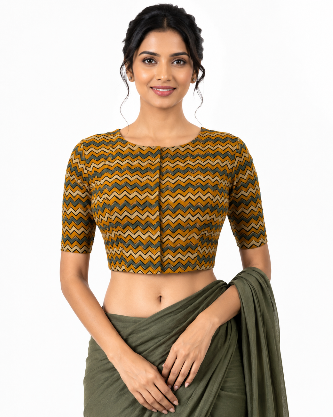 Dhabu Cotton Closeneck Croptop Blouse, Yellow – Green, BP1107